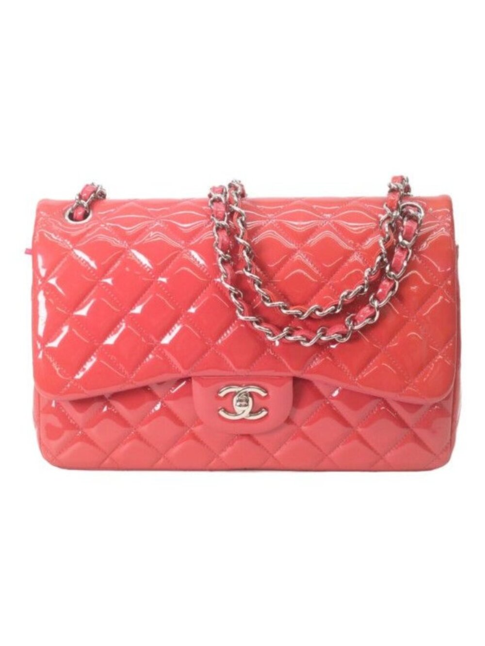Chanel Patent Red Pink Bicolor Silver Double Flap Bag Maxi Quilted 30